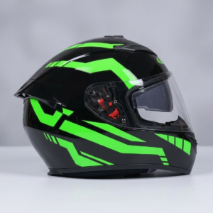 Casco Integral Deportivo Negro Brillante con Gráficos Verdes Neón (Modelo Qike Sport)